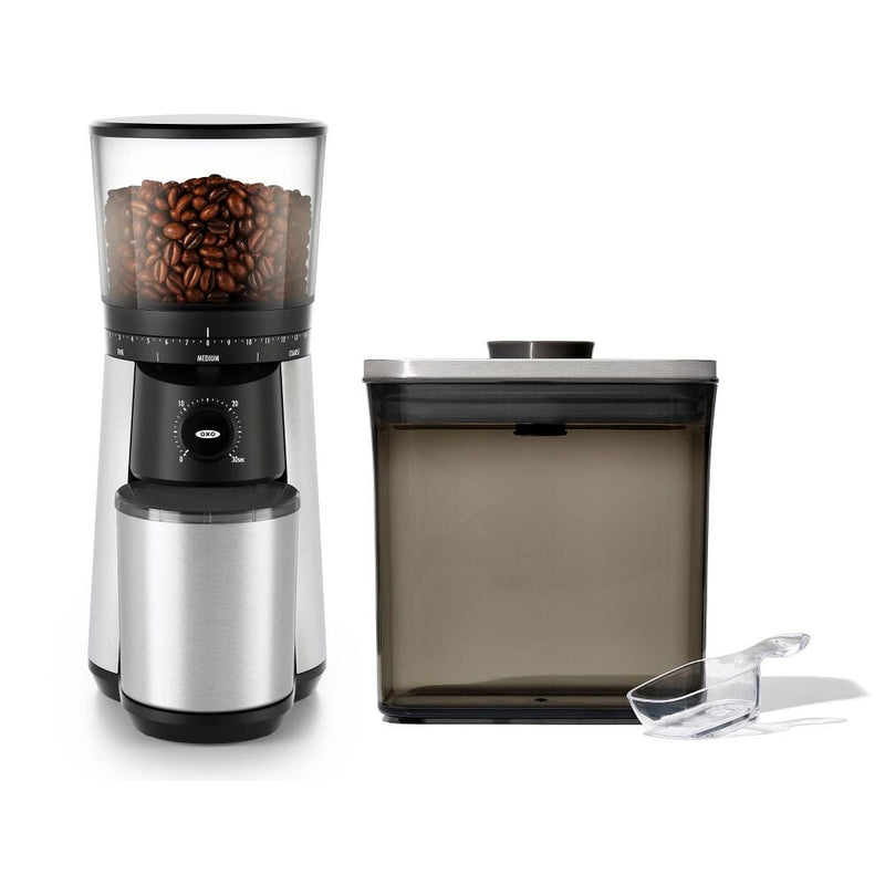 Conical Burr Coffee Grinder & Steel Coffee POP Container (1.7 Qt) with Scoop Bundle I8